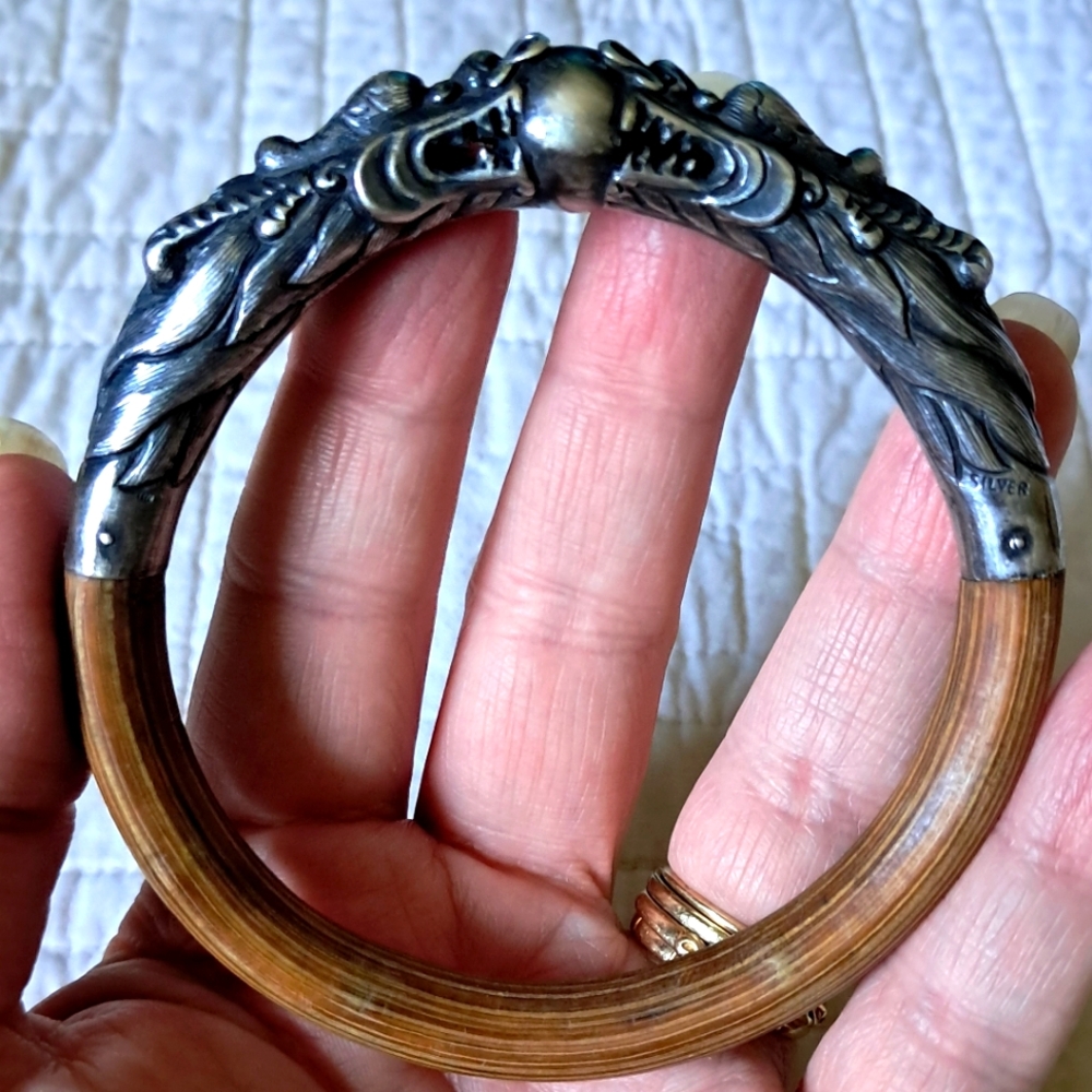 Antique Chinese Dragon Rattan Bamboo Sterling Silver Handmade Bangle Bracelet